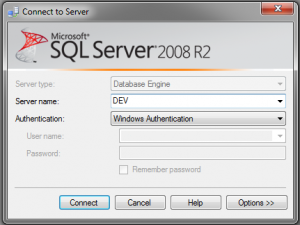 SQL Server 2008 Connect to Server Dialog showing an alias as the Server Name