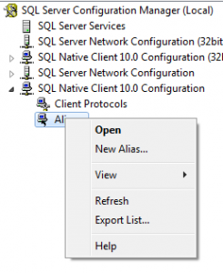 SQL Server 2008 Configuration Manager New Alias Menu