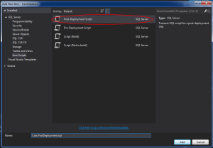 Image showing the add new script window with Post-Deployment script highlighted in Visual Studio 2013