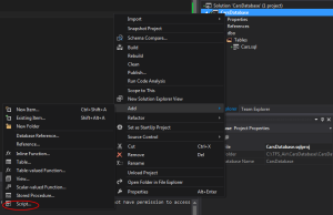 Image showing how to add a new script to a SQL Server Project in Visual Studio 2013